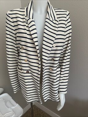Joie Striped Double-Breasted Knit Blazer in White & Navy